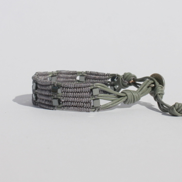 Grey cord & hematite bracelet - δέρμα, αιματίτης, χειροποίητα - 2