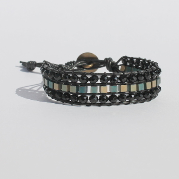 Black 3 hematite bracelet - δέρμα, γυαλί, αιματίτης, χειροποίητα