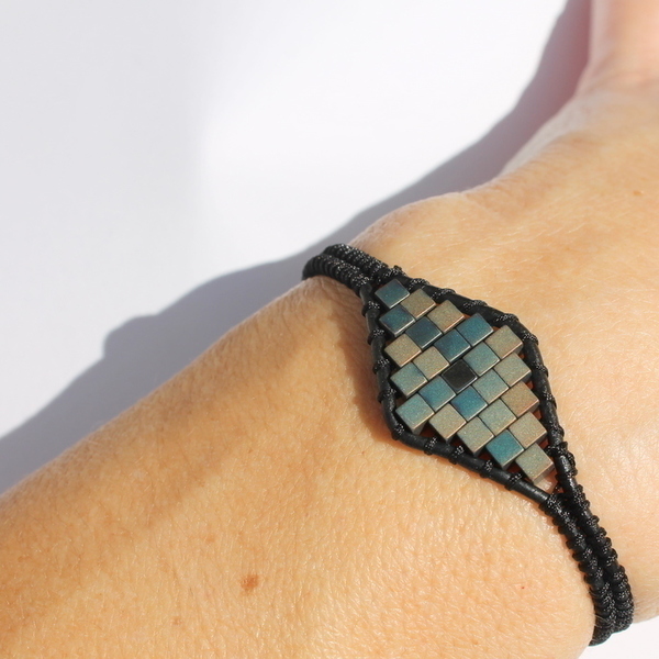 Black diamond shape bracelet - δέρμα, αιματίτης, χειροποίητα - 3