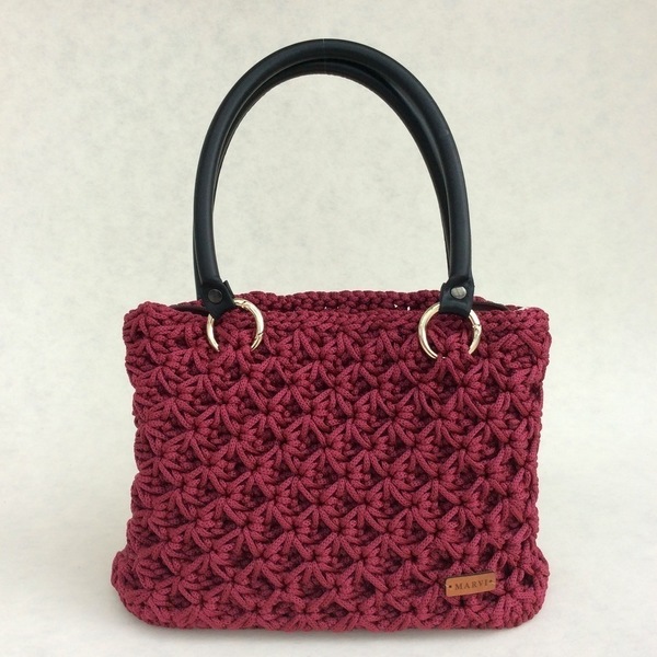 Burgundy Crochet Bag - δέρμα, πλεκτό, crochet, κορδόνια