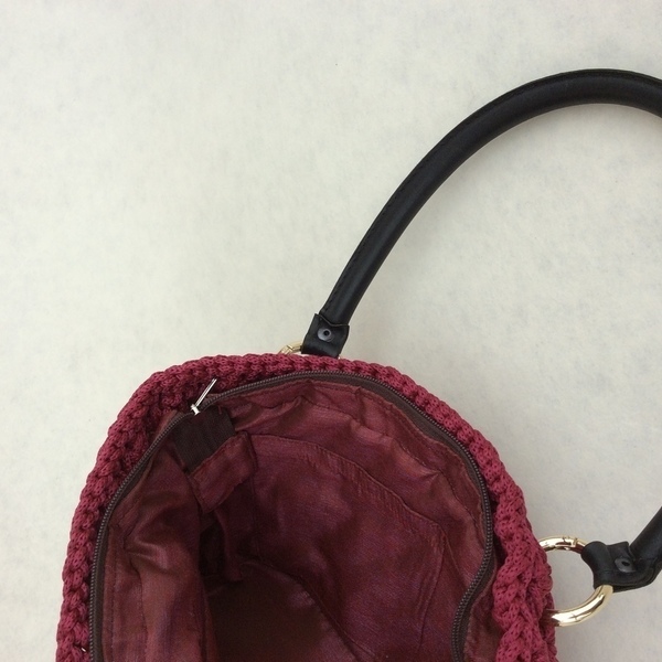 Burgundy Crochet Bag - δέρμα, πλεκτό, crochet, κορδόνια - 3