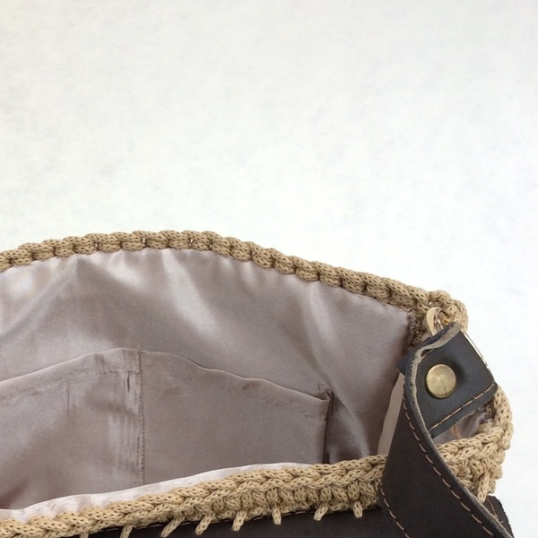 Τσάντα με αυθεντικό δέρμα, πλεκτή - δέρμα, πλεκτό, crochet, κορδόνια - 4