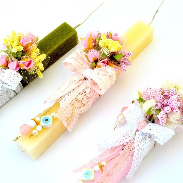 Mini-λαμπαδίτσα - κορδέλα, δαντέλα, λουλούδια, λαμπάδες, χειροποίητα, χάντρες, romantic, κερί - 2