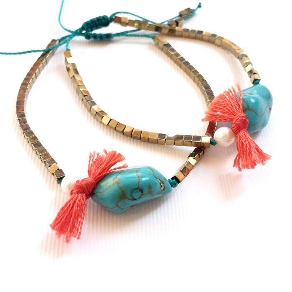 Red | Turquoise | Gold - chic, charms, μαργαριτάρι, γυναικεία, χαολίτης, με φούντες, αιματίτης, κορδόνια, boho - 3