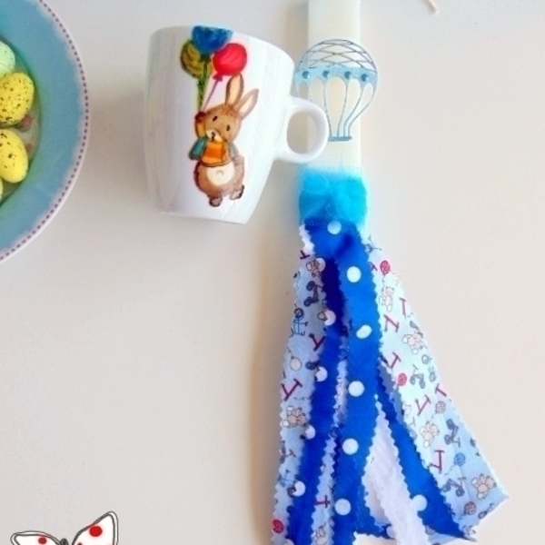 Λαμπάδα και κούπα ''Air balloon!'' - ύφασμα, ύφασμα, ζωγραφισμένα στο χέρι, ζωάκι, ανοιξιάτικο, αγόρι, λαμπάδες, αερόστατο, χειροποίητα, νονά, κερί, βρεφικά - 2