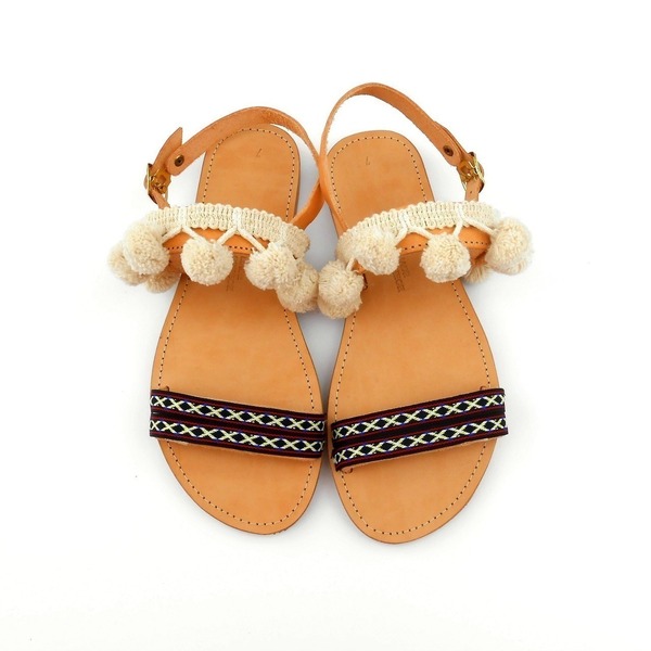 Pom pom and ethnic cord sandals - δέρμα, ύφασμα, καλοκαιρινό, σανδάλι, χειροποίητα, boho, ethnic