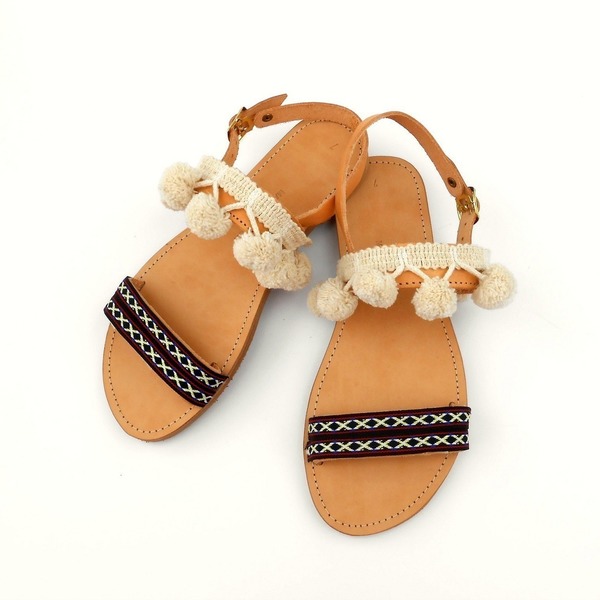 Pom pom and ethnic cord sandals - δέρμα, ύφασμα, καλοκαιρινό, σανδάλι, χειροποίητα, boho, ethnic - 2