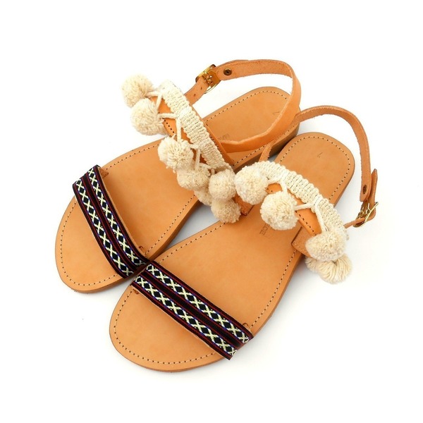 Pom pom and ethnic cord sandals - δέρμα, ύφασμα, καλοκαιρινό, σανδάλι, χειροποίητα, boho, ethnic - 3