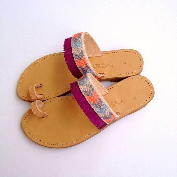 Boho sandals with neon cord - δέρμα, ύφασμα, καλοκαιρινό, σανδάλι, boho - 2