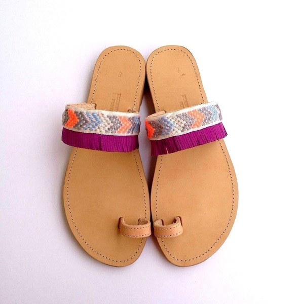 Boho sandals with neon cord - δέρμα, ύφασμα, καλοκαιρινό, σανδάλι, boho