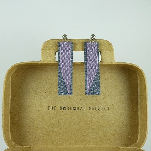 Purple quadrilateral σκουλαρίκια με κούμπωμα από ατσάλι - ύφασμα, βραδυνά, καλοκαιρινό, γυναικεία, δώρο, αδιάβροχο, γεωμετρικά σχέδια - 2
