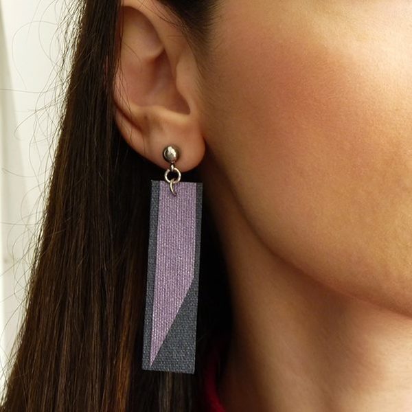 Purple quadrilateral σκουλαρίκια με κούμπωμα από ατσάλι - ύφασμα, βραδυνά, καλοκαιρινό, γυναικεία, δώρο, αδιάβροχο, γεωμετρικά σχέδια - 3