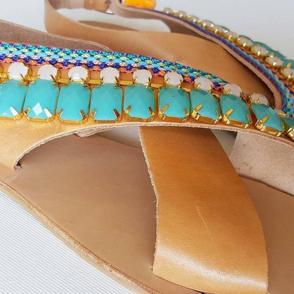 YOH Aquata sun-dolls by De.L'art - Greek handmade sandals - δέρμα, ύφασμα, handmade, πολύχρωμο, χρωματιστό, καλοκαιρινό, καλοκαίρι, κρύσταλλα, σανδάλι, ακρυλικό, χειροποίητα, boho - 2