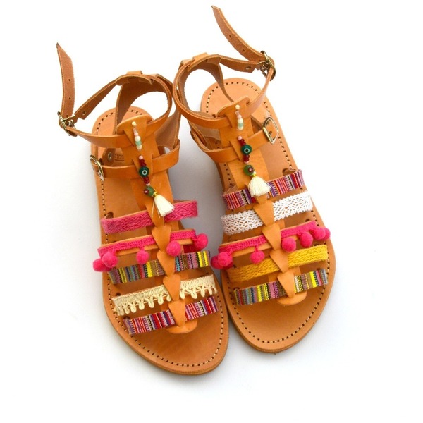 Boho Style Summer Sandal Νο 38 - πολύχρωμο, δαντέλα, καλοκαίρι, με φούντες, σανδάλι, χειροποίητα, χάντρες, boho, ethnic