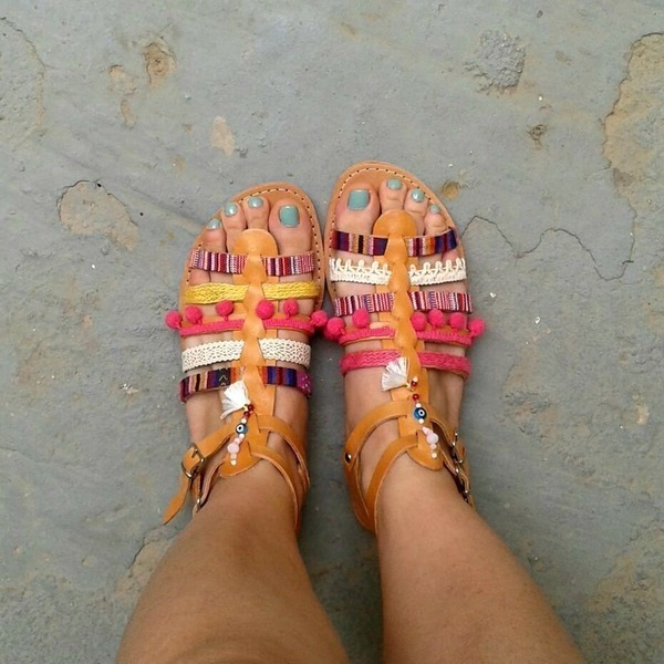 Boho Style Summer Sandal Νο 38 - πολύχρωμο, δαντέλα, καλοκαίρι, με φούντες, σανδάλι, χειροποίητα, χάντρες, boho, ethnic - 4