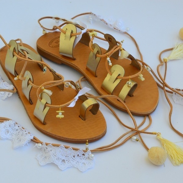 Gold Summer Handmade Sandal No 41 - handmade, δαντέλα, καλοκαιρινό, καλοκαίρι, σανδάλι, χειροποίητα, χάντρες, πέρλες