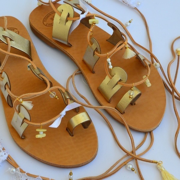 Gold Summer Handmade Sandal No 41 - handmade, δαντέλα, καλοκαιρινό, καλοκαίρι, σανδάλι, χειροποίητα, χάντρες, πέρλες - 2
