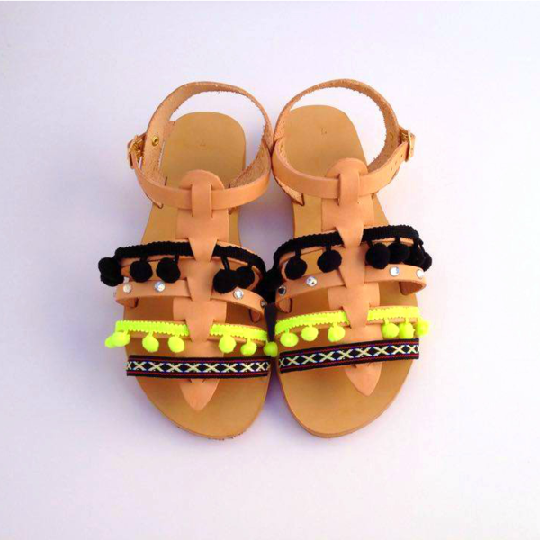 Gladiator sandals with neon and black pom pom - δέρμα, στρας, fashion, καλοκαιρινό, σανδάλι, boho, φλατ