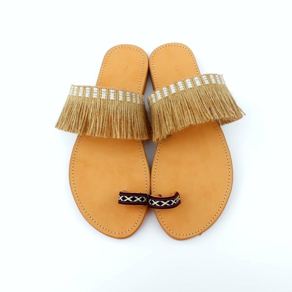 Sandals with hemp and ethnic cord - δέρμα, ύφασμα, fashion, καλοκαιρινό, σανδάλι, boho