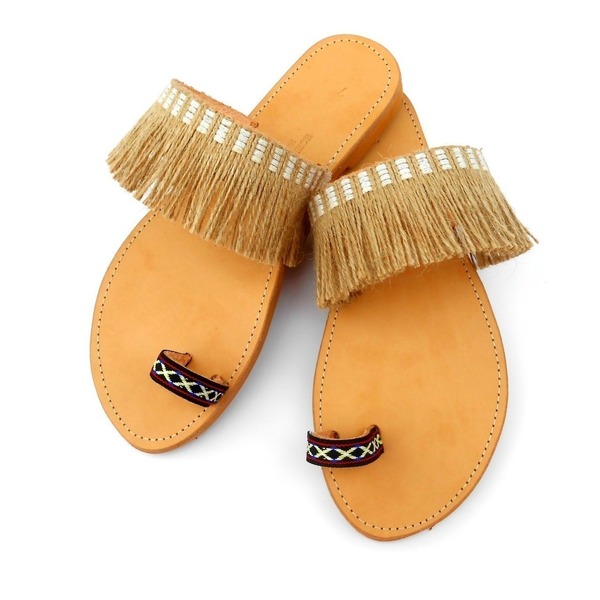 Sandals with hemp and ethnic cord - δέρμα, ύφασμα, fashion, καλοκαιρινό, σανδάλι, boho - 2