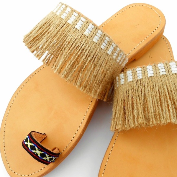 Sandals with hemp and ethnic cord - δέρμα, ύφασμα, fashion, καλοκαιρινό, σανδάλι, boho - 3