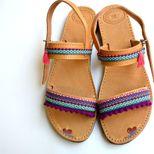 Γυναικεία σανδάλια Ethnic Style - δέρμα, καλοκαιρινό, boho, φλατ, ankle strap