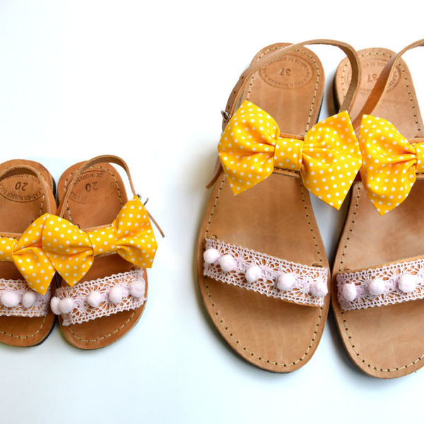Baby sandal yellow fabric bow - δέρμα, ύφασμα, κορδέλα, βαμβάκι, φιόγκος, καλοκαιρινό, σανδάλι, για παιδιά - 2