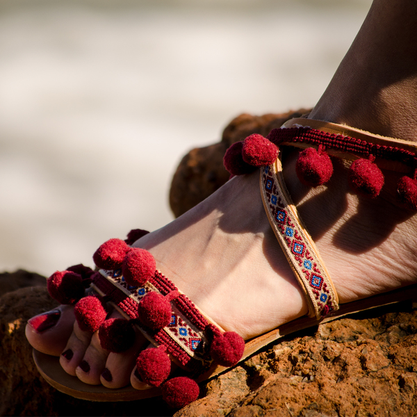 #Palmizana Island# Sandals - δέρμα, καλοκαιρινό, σανδάλι, pom pom, χειροποίητα, boho, ethnic, ankle strap - 3