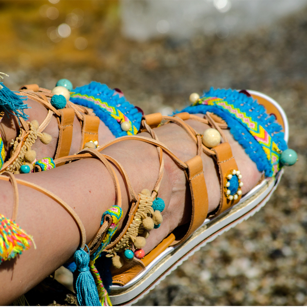#Paradise Beach# Sandals - δέρμα, ημιπολύτιμες πέτρες, handmade, πολύχρωμο, καλοκαιρινό, με φούντες, σανδάλι, pom pom, κορδόνια, χειροποίητα, boho - 3
