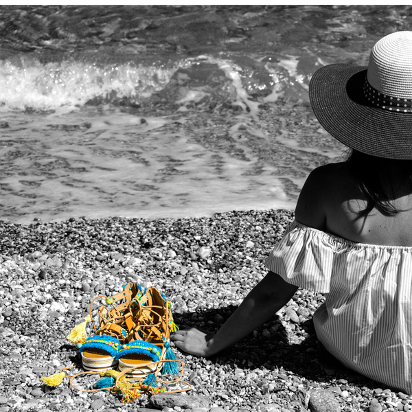 #Paradise Beach# Sandals - δέρμα, ημιπολύτιμες πέτρες, handmade, πολύχρωμο, καλοκαιρινό, με φούντες, σανδάλι, pom pom, κορδόνια, χειροποίητα, boho - 4