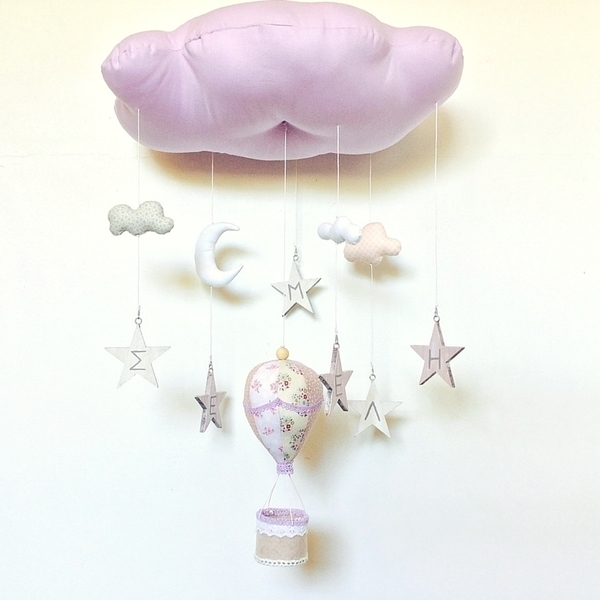 Μομπιλε σύννεφο με αερόστατο και αστέρια σε λιλά αποχρώσεις - ύφασμα, handmade, διακοσμητικό, ξύλο, δαντέλα, παιχνίδι, αστέρι, τσόχα, δώρο, όνομα - μονόγραμμα, αερόστατο, χειροποίητα, δώρα για βάπτιση, μόμπιλε, βρεφικά