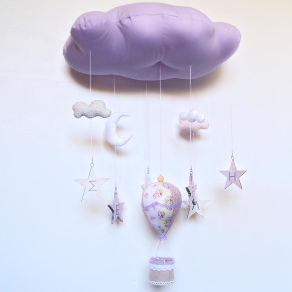 Μομπιλε σύννεφο με αερόστατο και αστέρια σε λιλά αποχρώσεις - ύφασμα, handmade, διακοσμητικό, ξύλο, δαντέλα, παιχνίδι, αστέρι, τσόχα, δώρο, όνομα - μονόγραμμα, αερόστατο, χειροποίητα, δώρα για βάπτιση, μόμπιλε, βρεφικά - 2