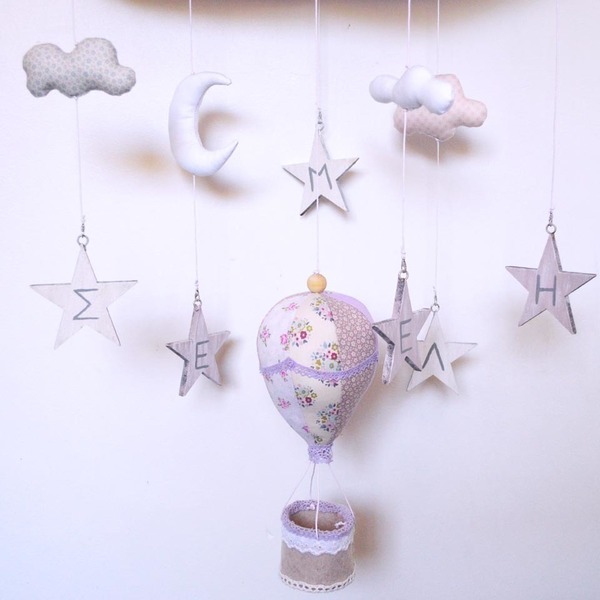 Μομπιλε σύννεφο με αερόστατο και αστέρια σε λιλά αποχρώσεις - ύφασμα, handmade, διακοσμητικό, ξύλο, δαντέλα, παιχνίδι, αστέρι, τσόχα, δώρο, όνομα - μονόγραμμα, αερόστατο, χειροποίητα, δώρα για βάπτιση, μόμπιλε, βρεφικά - 3