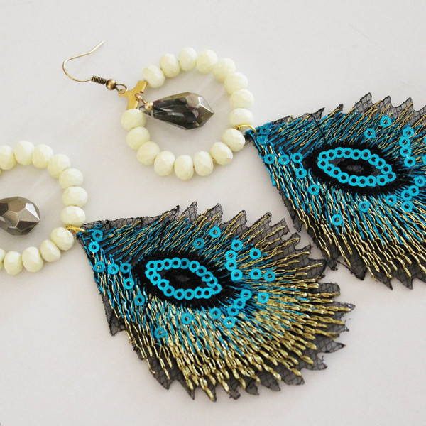 Σκουλαρίκια με κεντημένα φτερά - chic, κρύσταλλα, φτερό, boho, ethnic - 2