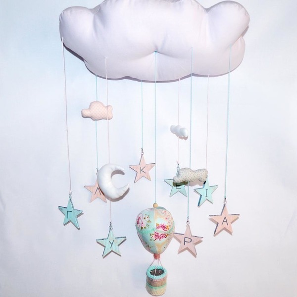Μόμπιλε Σύννεφο με αερόστατο, σύννεφα και αστέρια - ύφασμα, handmade, διακοσμητικό, ξύλο, δαντέλα, παιχνίδι, αστέρι, τσόχα, δώρο, όνομα - μονόγραμμα, αερόστατο, χειροποίητα, δώρα για βάπτιση, δωμάτιο, μόμπιλε, βρεφικά, κρεμαστά, για παιδιά