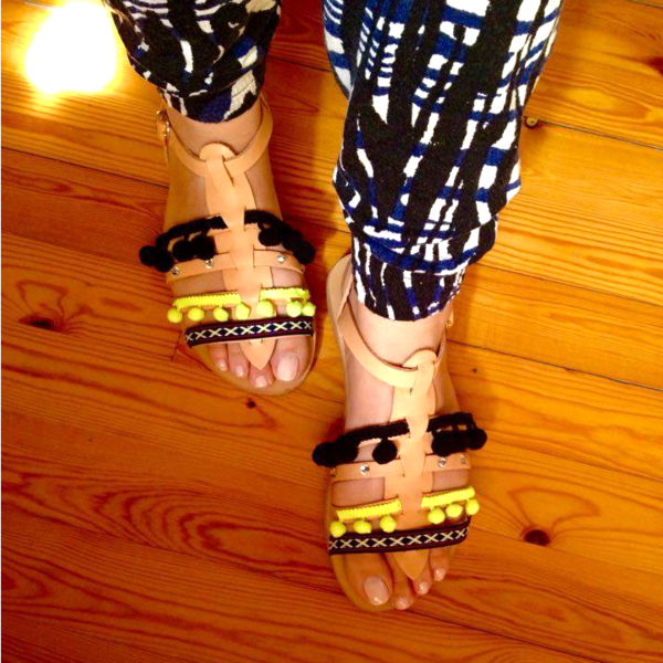 Gladiator sandals with neon and black pom pom - δέρμα, στρας, fashion, καλοκαιρινό, σανδάλι, boho, φλατ - 5