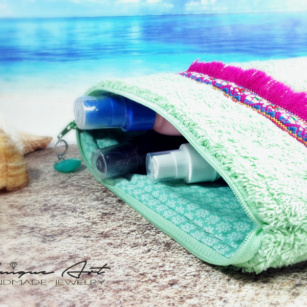 Sunscreen towel pouch-Νεσεσέρ παραλίας - ύφασμα, ύφασμα, πετσέτα, χειροποίητα - 3