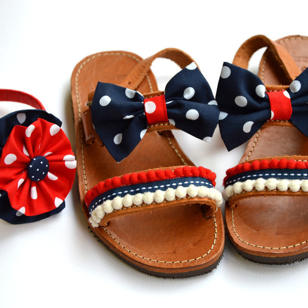 Baby Sandals Navy bow Σετ Στέκα - ύφασμα, βαμβάκι, χρωματιστό, καλοκαιρινό, σανδάλι, χειροποίητα, για παιδιά