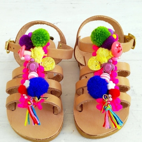 little girl sandals "chrisalenia" - χαολίτης, σανδάλι, pom pom, σανδάλια, χειροποίητα, boho, φλατ, για παιδιά