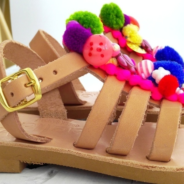 little girl sandals "chrisalenia" - χαολίτης, σανδάλι, pom pom, σανδάλια, χειροποίητα, boho, φλατ, για παιδιά - 2