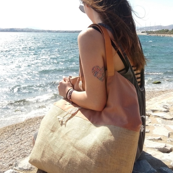 All day bag - δέρμα, βαμβάκι, ώμου, customized, χειροποίητα, θαλάσσης - 3