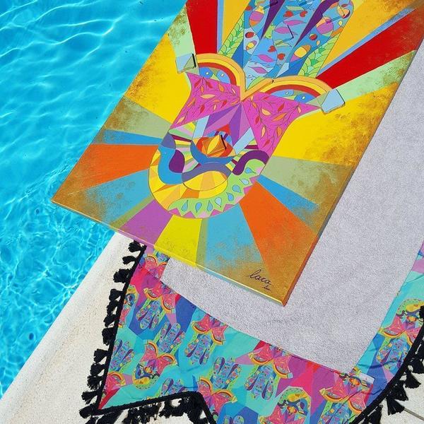 Surfboard Fatima beach towel with original print painted by Lara Melachrinou. - πολύχρωμο, χρωματιστό, μοναδικό, πίνακες & κάδρα, πετσέτα - 4