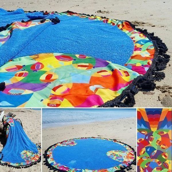 Roundie Beach Towel with original print painted by Lara Melachrinou. - πολύχρωμο, χρωματιστό, μοναδικό, μοντέρνο, πίνακες & κάδρα, πετσέτα - 4