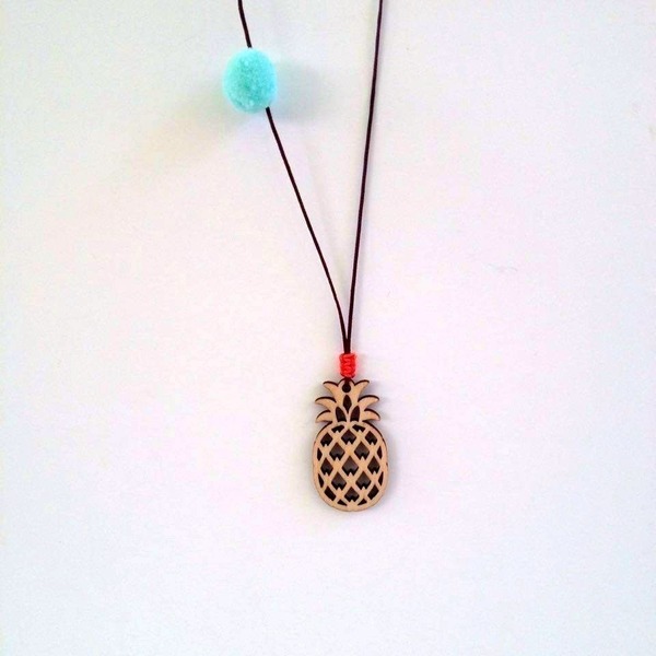 Pineapple necklace - ξύλο, καλοκαιρινό, charms, κερωμένα κορδόνια, επιχρυσωμένα, μακρύ, μακριά, boho - 4