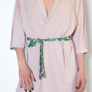 Women kimono, smooth pink kimono, lounge robe, mini beach dress, soft pastel kimono, tropical leaf belt, pool party dress