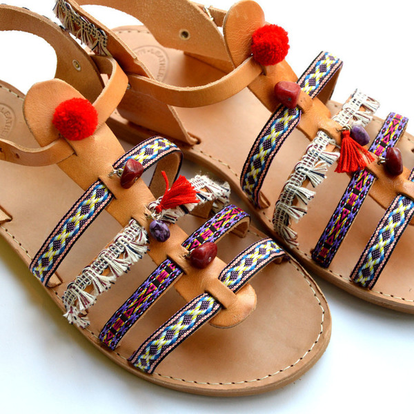 Handmade ethnic sandal purpple - δέρμα, καλοκαιρινό, σανδάλι, χειροποίητα, boho