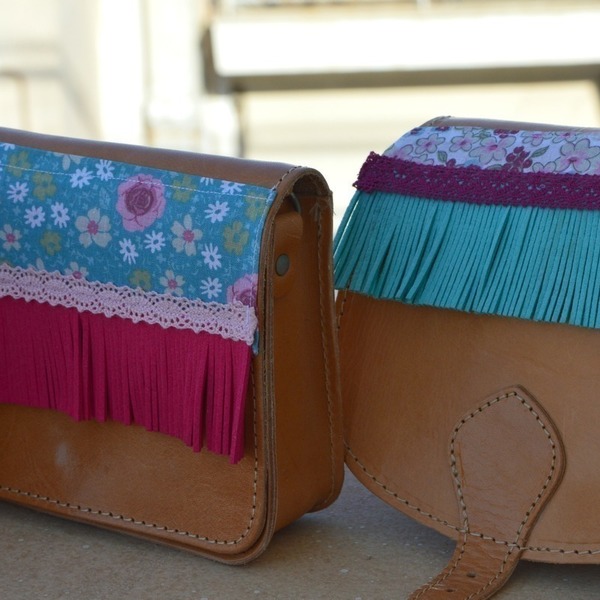 Mini Fuxia Fringe Leather Bag - δέρμα, ύφασμα, handmade, λουλούδια, τσάντα, χειροποίητα, κρόσσια - 2