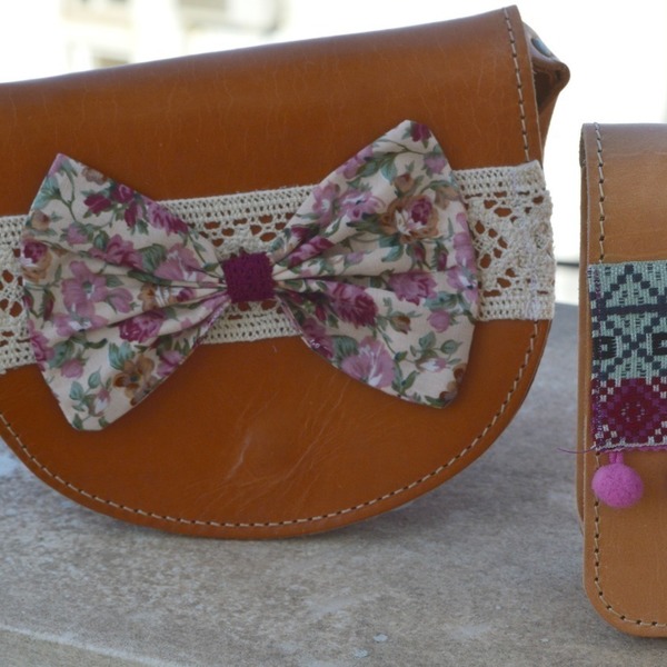 Mini Flower Bow Leather Bag - δέρμα, ύφασμα, handmade, δαντέλα, καλοκαιρινό, τσάντα, χειροποίητα, romantic - 3