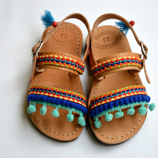 Handmade baby sandal Ethnic Aqua blue - κορδέλα, σανδάλι, pom pom, χειροποίητα, boho, για παιδιά