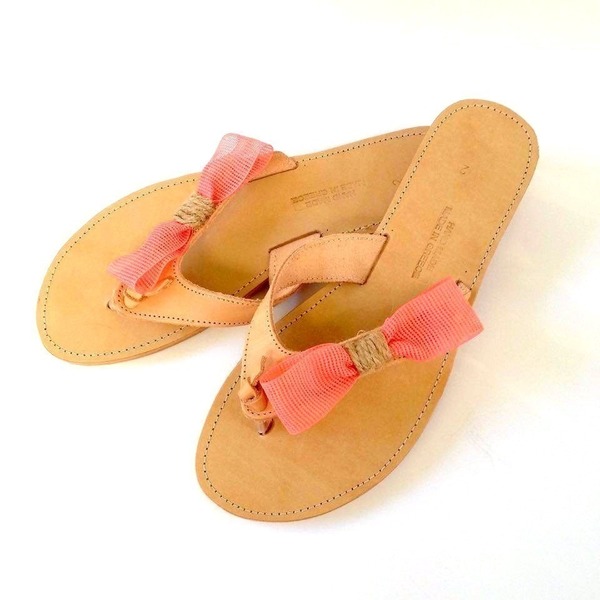 Coral bow and twine sandals - δέρμα, ύφασμα, φιόγκος, καλοκαιρινό, καλοκαίρι, σανδάλι, σανδάλια